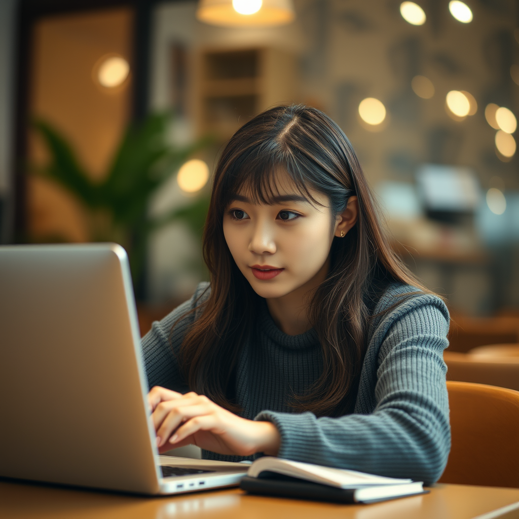 a young and beautiful Japanese woman focused on taking an online course