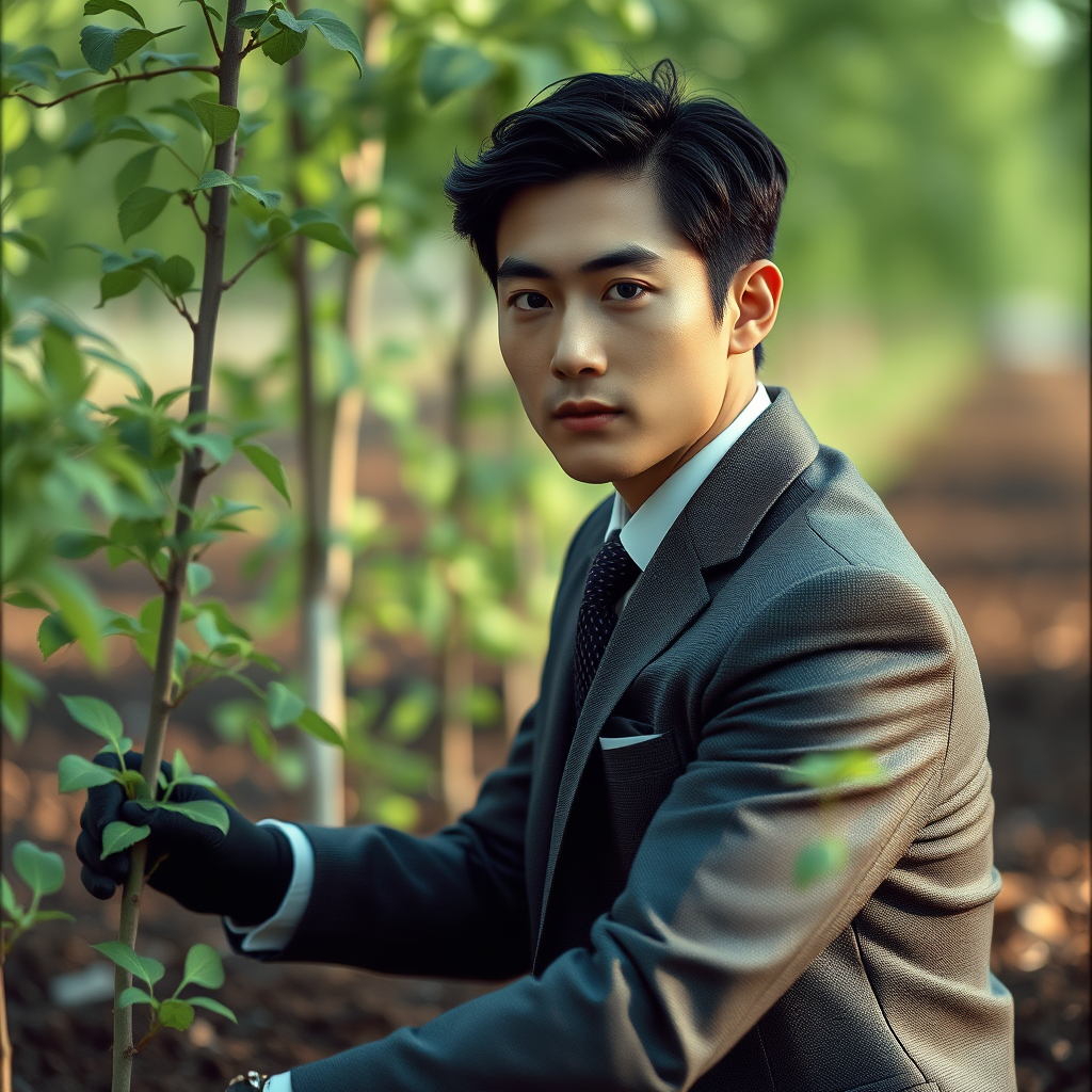 a young and handsome Japanese man wearing a suit planting trees, with elegance and style emphasized in the scene