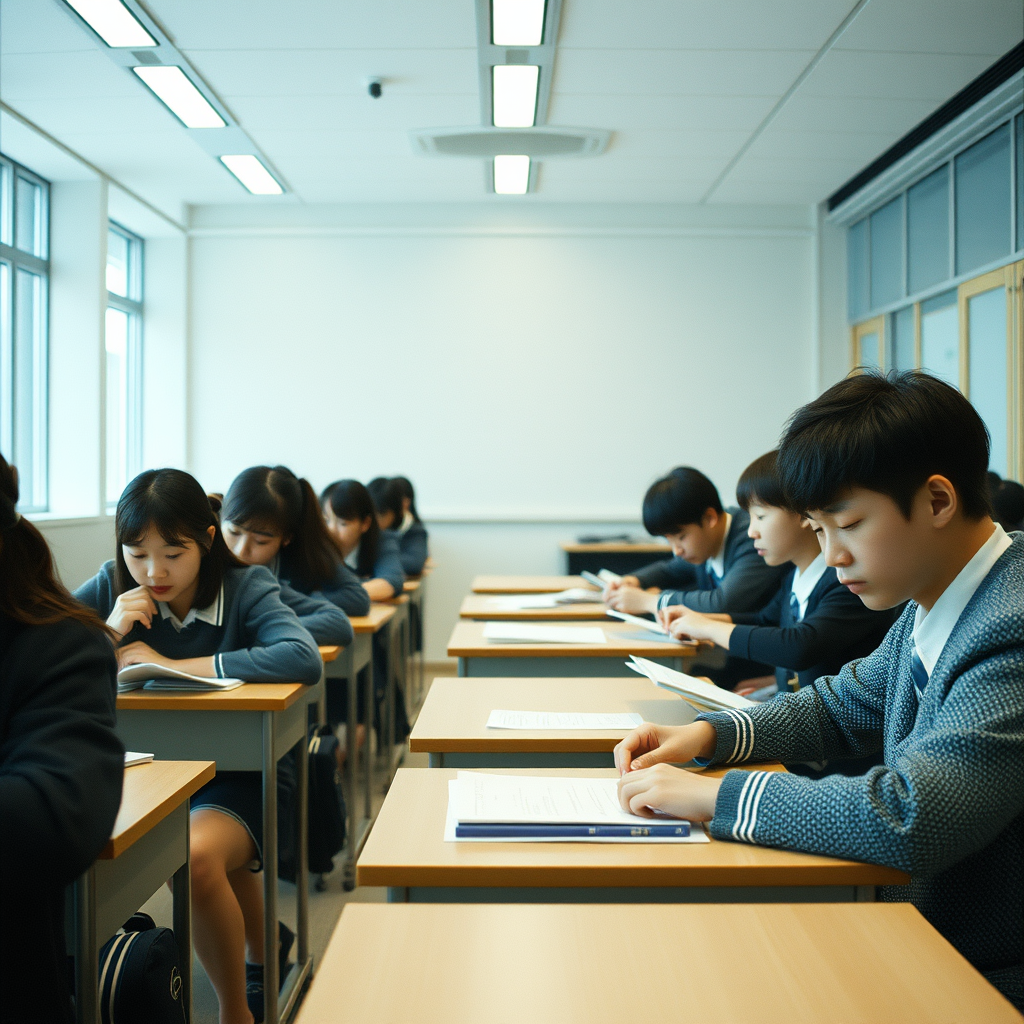 Japanese high school students attentively studying inside a modern and upscale cram school classroom
